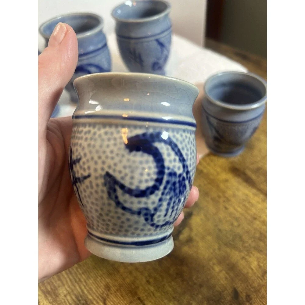 Stoneware Cups Blue Salt Glaze Swirl Tumblers Barware No Markings Wine 3.5